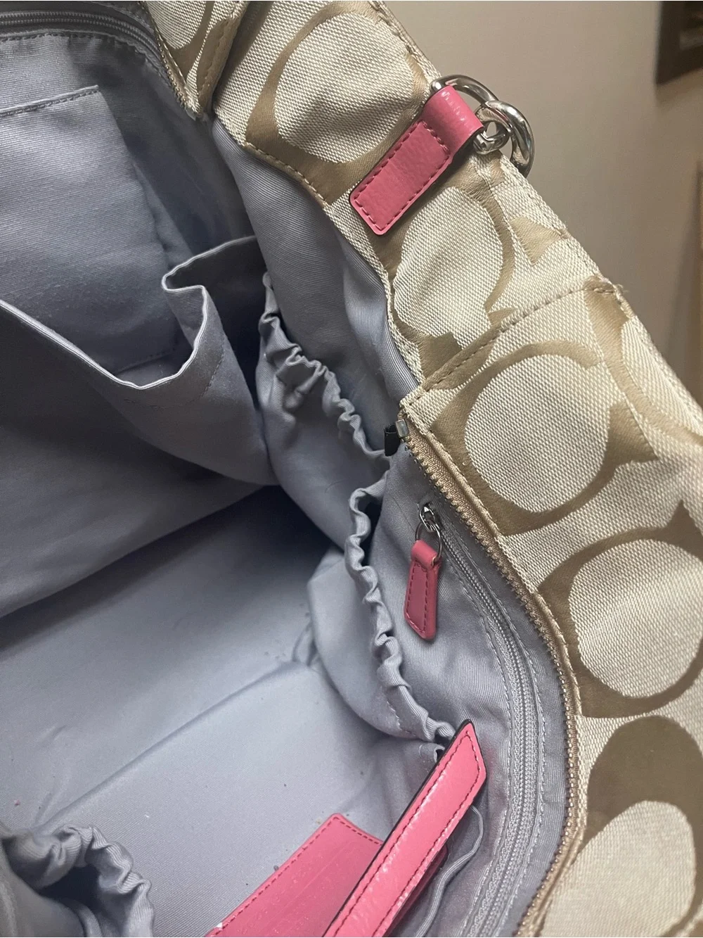 Coach Beige Signature Canvas Tote with Pink Leather Trim